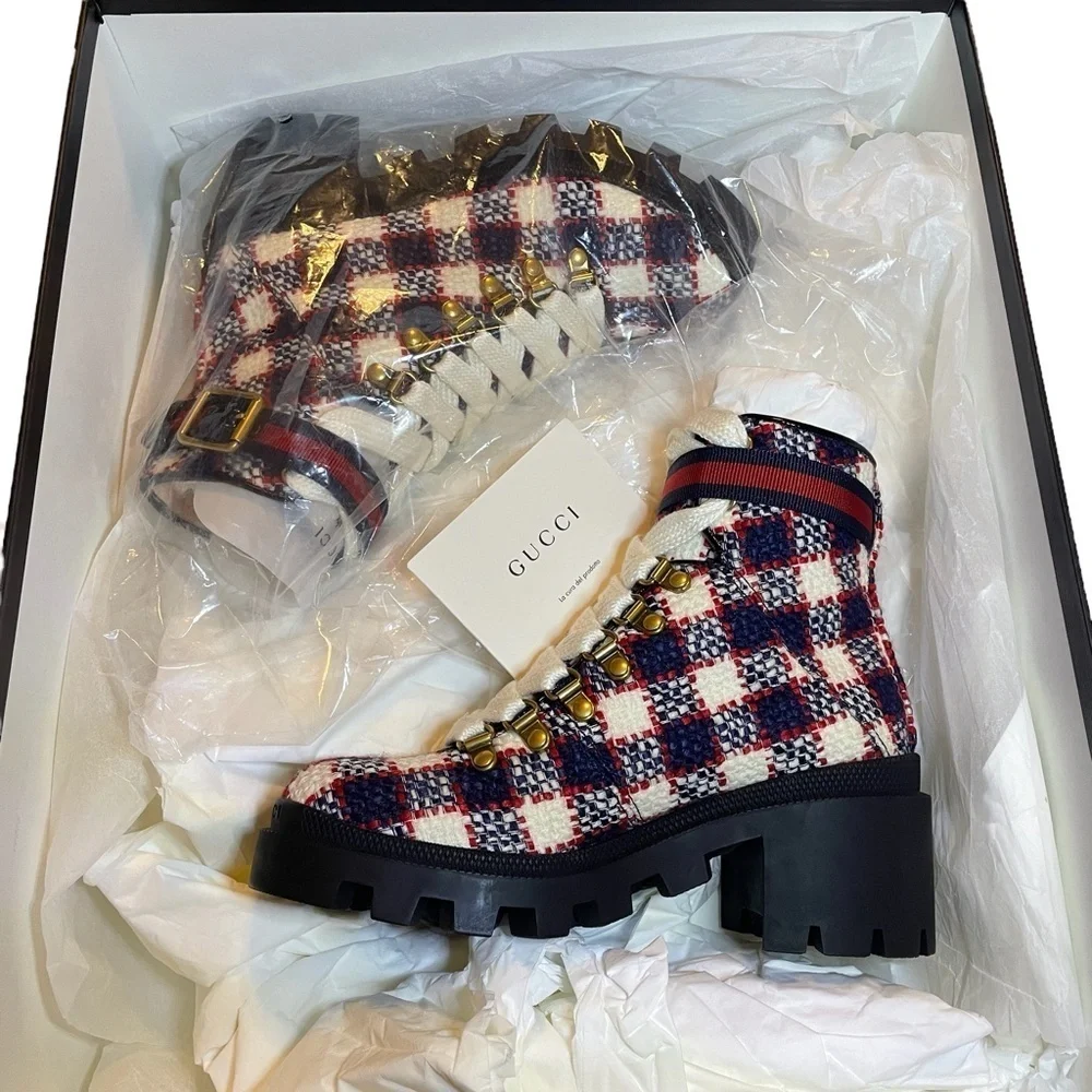 NIB Gucci Trip 40 Bootie in Plaid Tweed Sz. 34.5 (4.5)